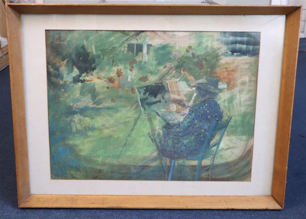 English School Lady artist sketching in a garden 37 x 50cm.